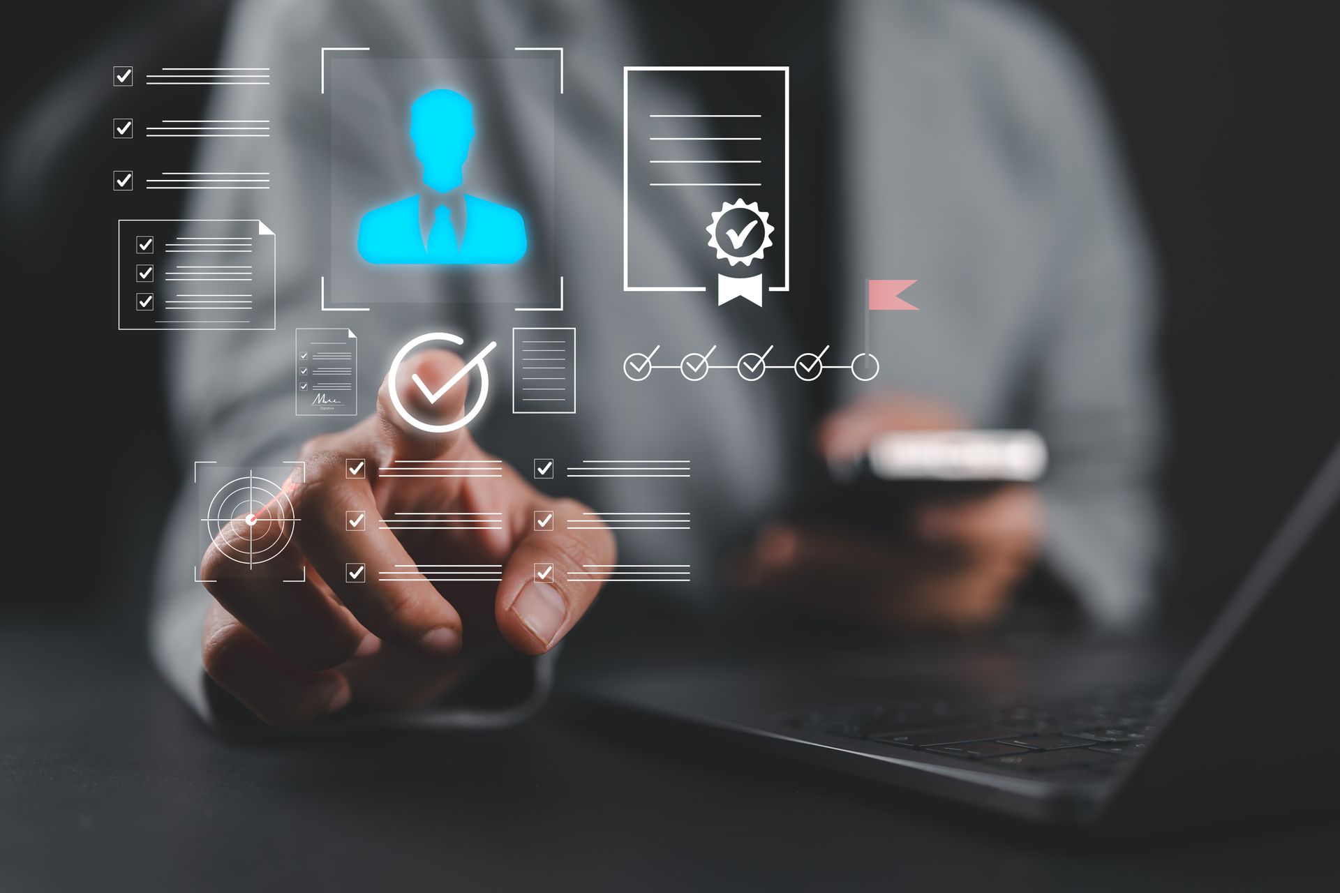 Person interacting with a digital interface, likely a verification process, with a checkmark overlaying the screen.