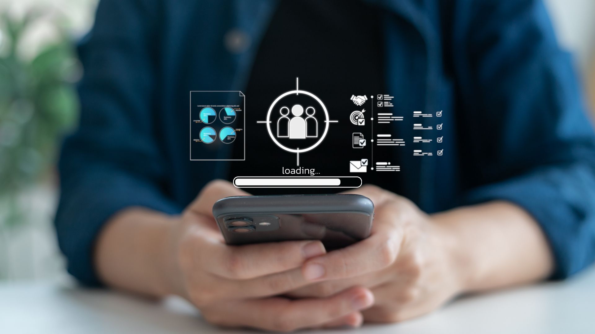 Person holding smartphone with digital targeting interface overlay.