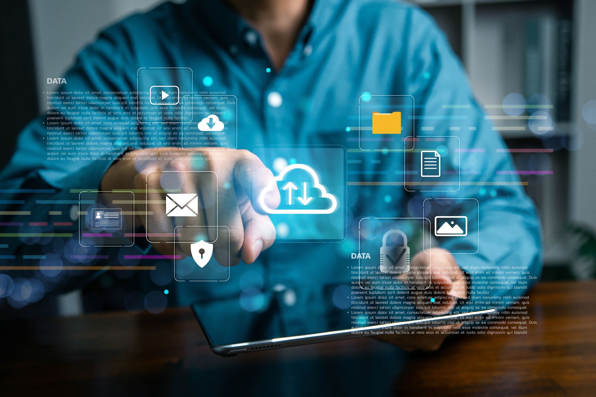 Person interacting with digital cloud icons on a tablet.