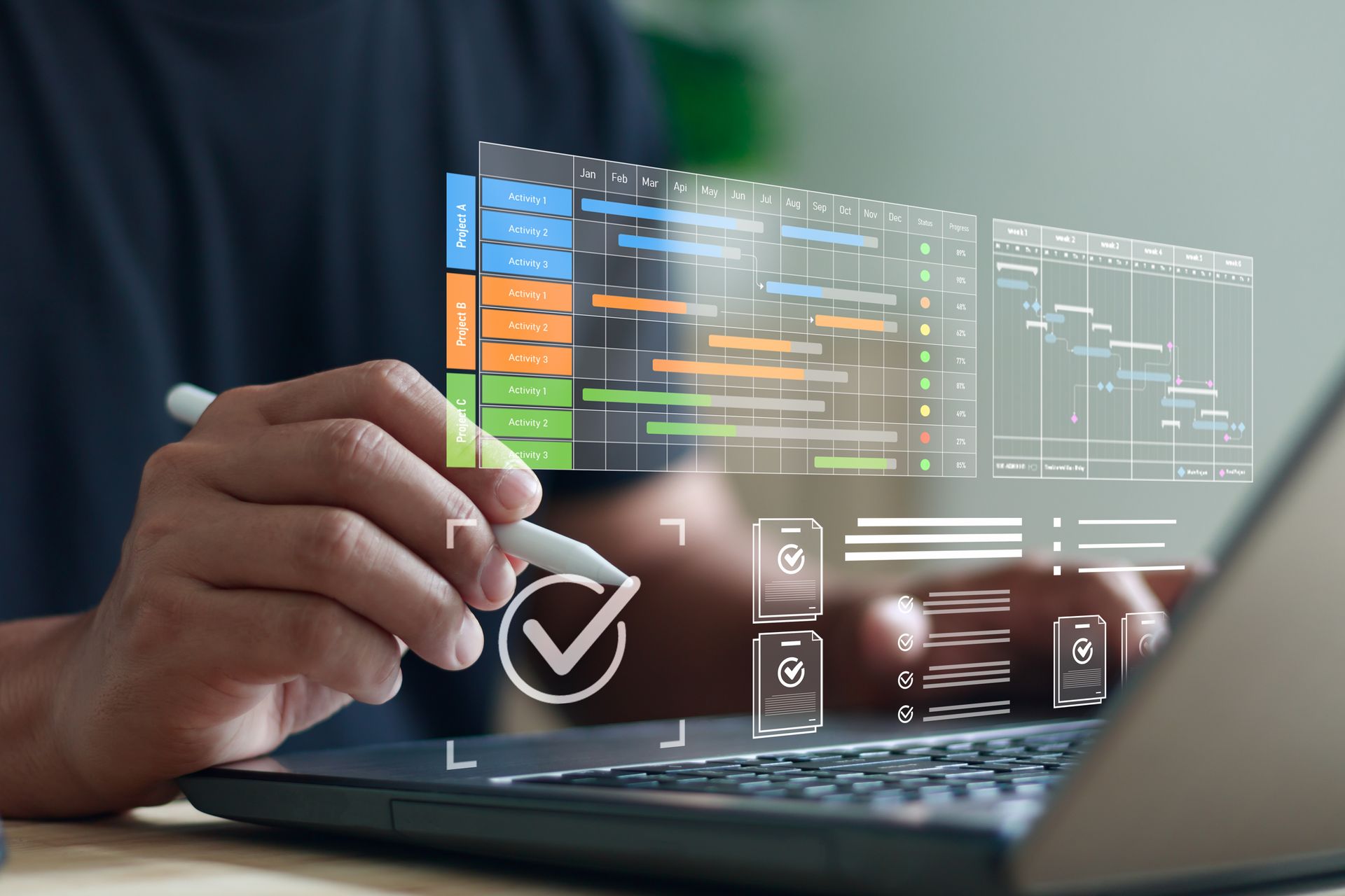 Person typing on a laptop with overlaid digital security lock and data display, indicating online safety measures.