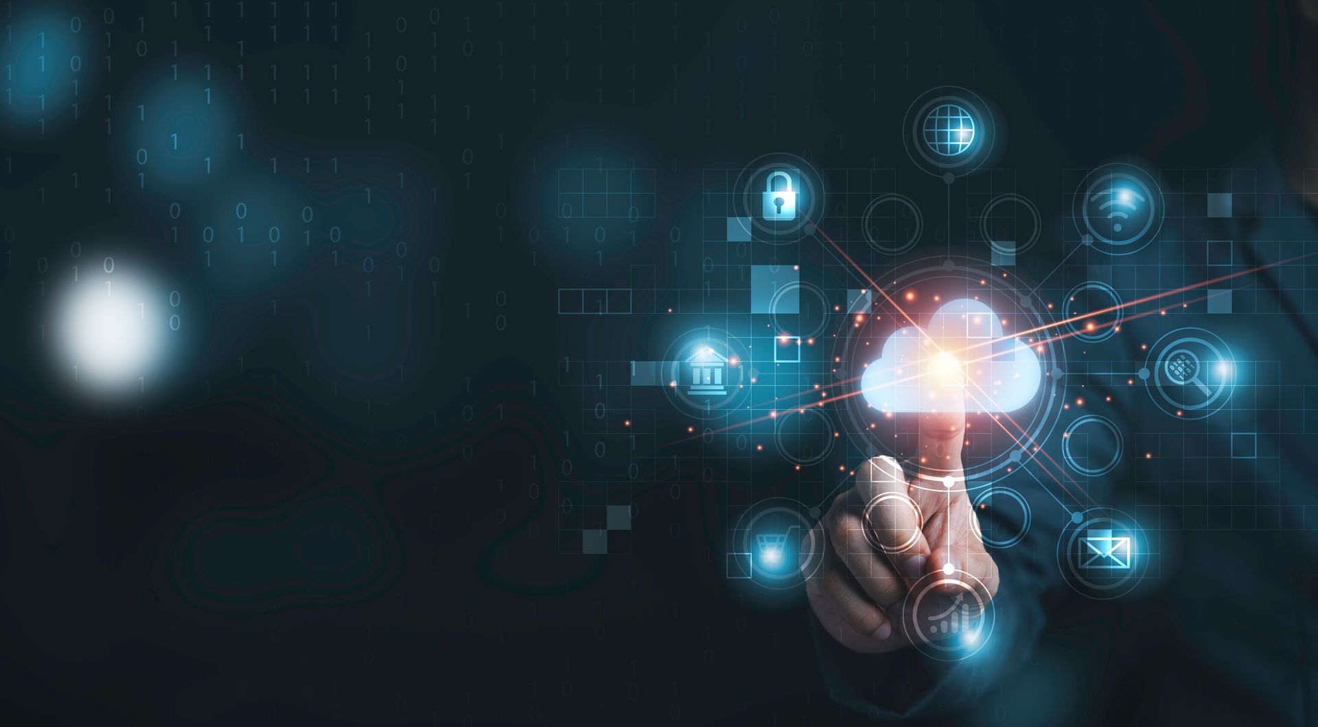 Person touching a glowing cloud icon surrounded by digital icons on a dark blue background.