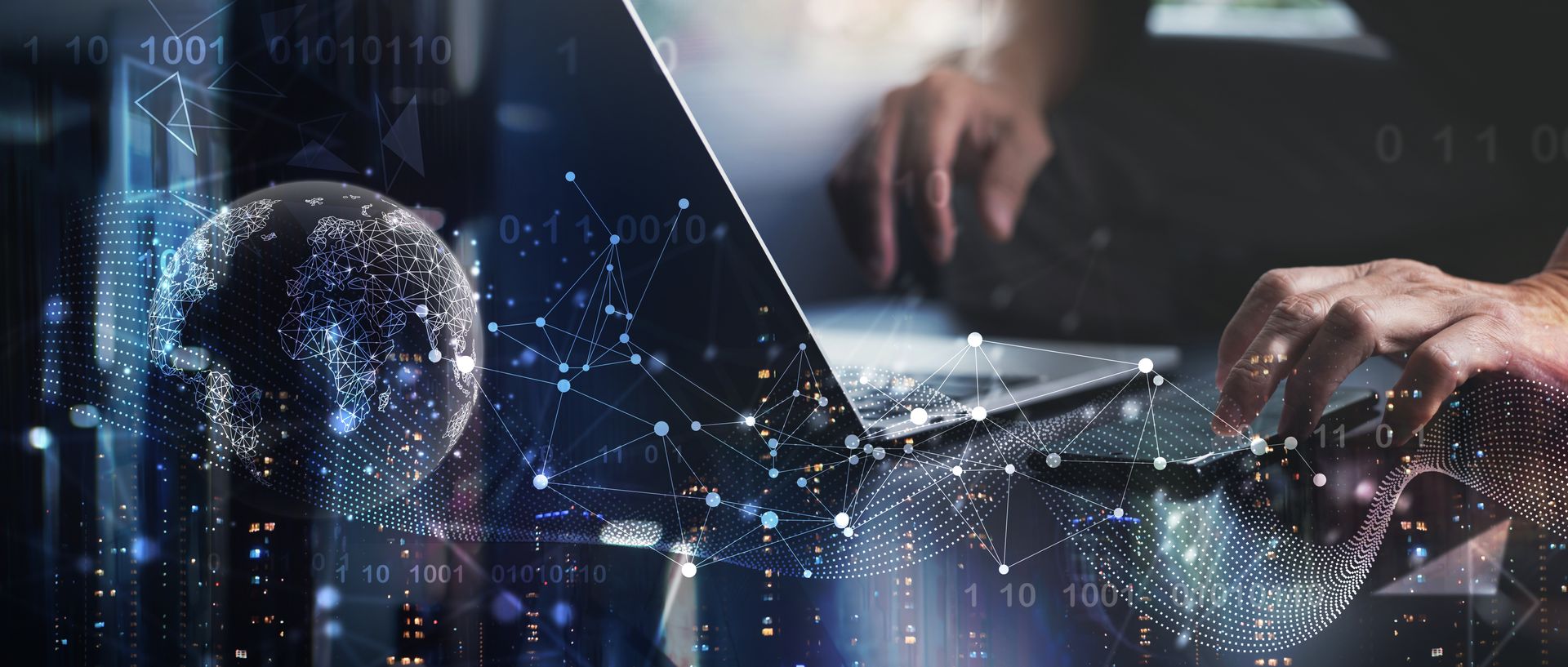 Person typing on a laptop with overlaid digital security lock and data display, indicating online safety measures.