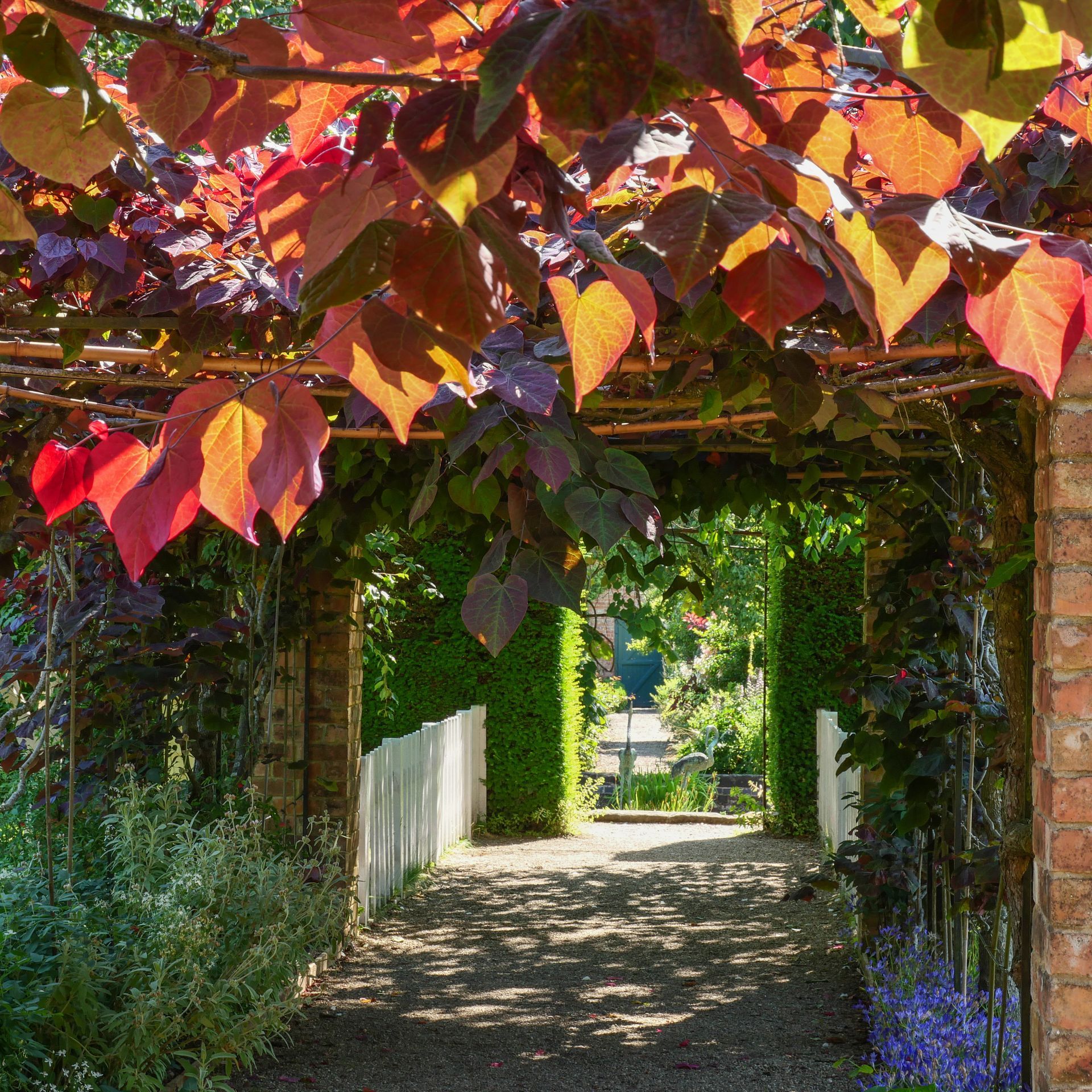 A brick archway with leaves hanging from it