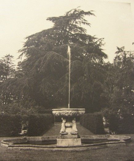 A black and white photo of a fountain in a park