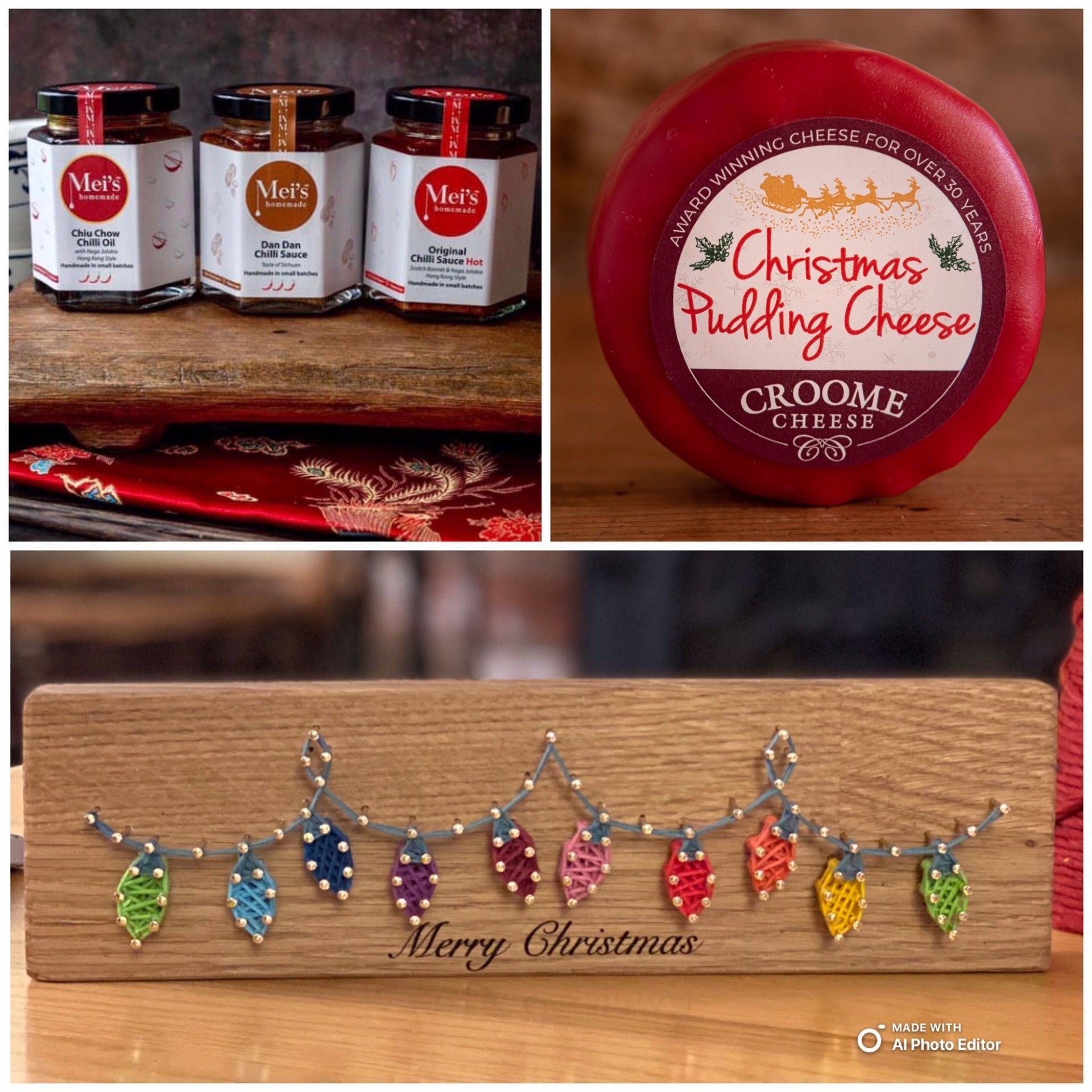 A collage of christmas items including christmas pudding cheese