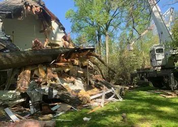 A large tree has fallen onto a house, causing extensive damage. A crane is present.