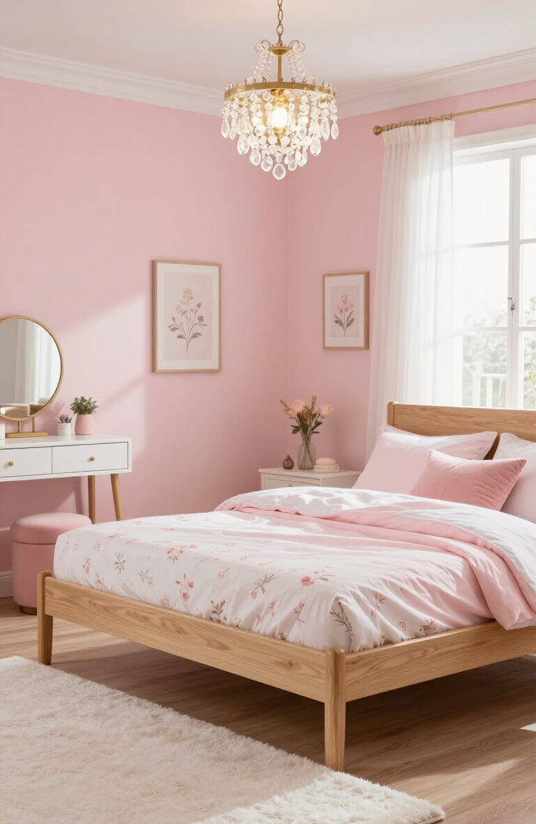 Pink bedroom with wooden bed, floral bedding, chandelier, and white window curtains