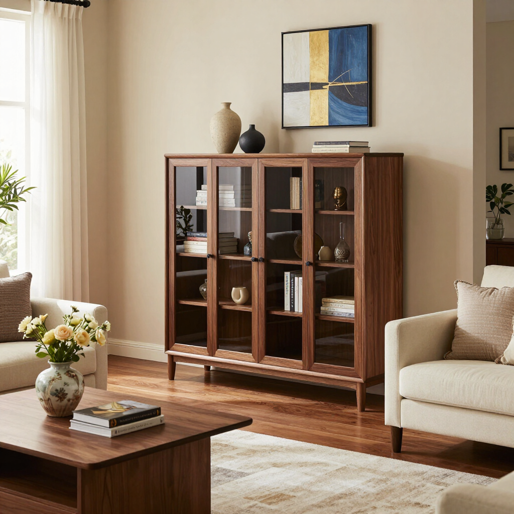 Living room with wooden display cabinet, beige sofa, coffee table, and abstract wall art