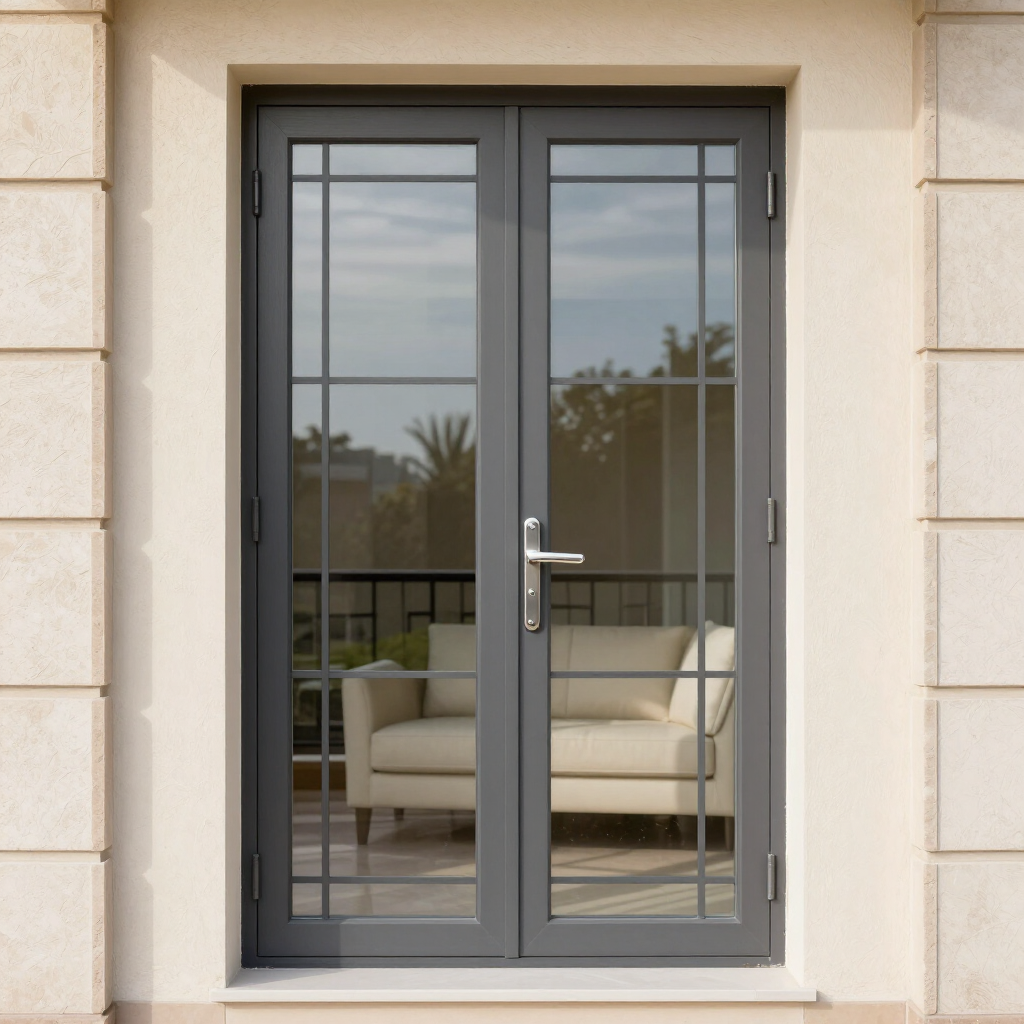 Gray-framed glass door with vertical blinds, reflecting a patio and beige sofa inside