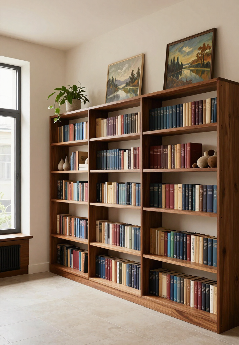 Wooden bookcase filled with books in a bright room, with two landscape paintings above it.