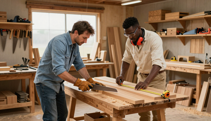 Two people measuring and cutting wood in a bright workshop with tools and shelves