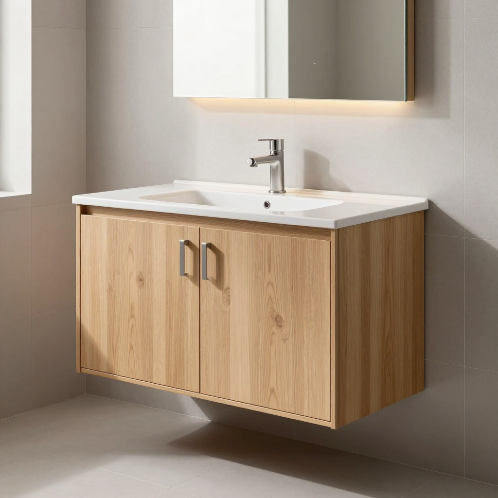 Modern bathroom vanity with wood cabinet, white sink, and wall mirror