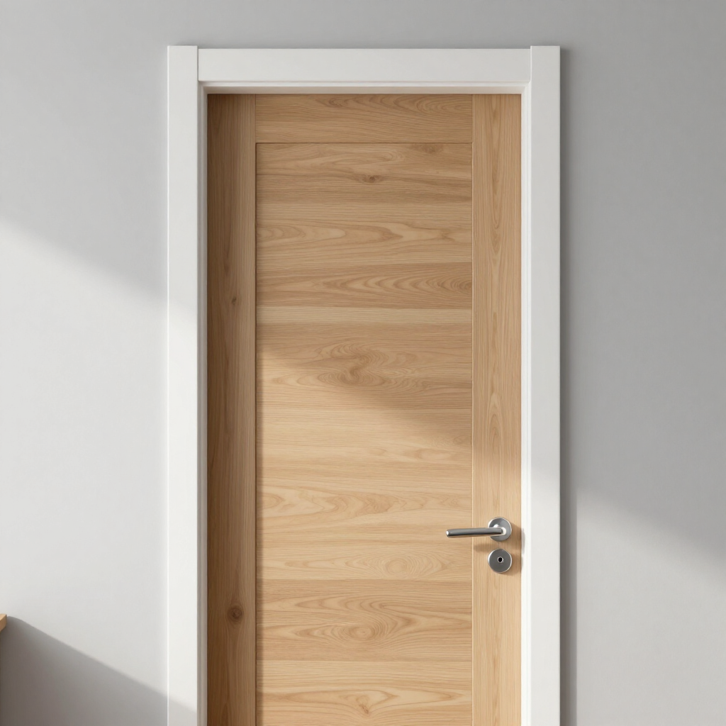 Closed light wood door with silver handle set in a white frame against a gray wall