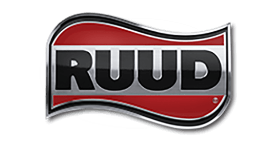 A red, white and black logo for ruud on a white background.