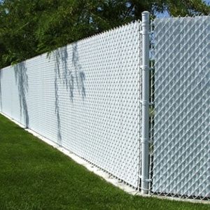 White chain link fence beside a green lawn and trees