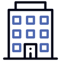 An icon of a building with squares on it.