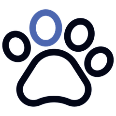 A black and blue paw print with circles around it on a white background.