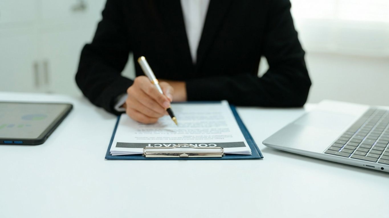 Businessperson reviewing toy cars and paperwork at a desk with a laptop and tablet nearby