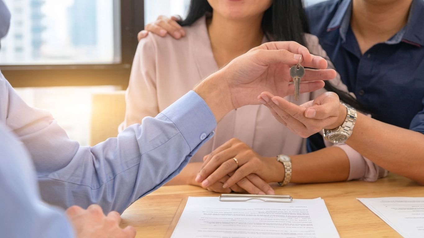 Hands exchanging house keys over a table with a small wooden house model and paperwork