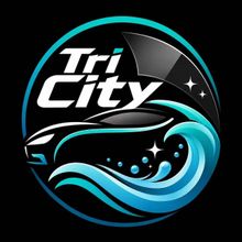 Tri City logo in white and aqua on a black circle with wave graphics and star accents