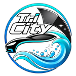 Tri City logo in white and aqua on a black circle with wave graphics and star accents