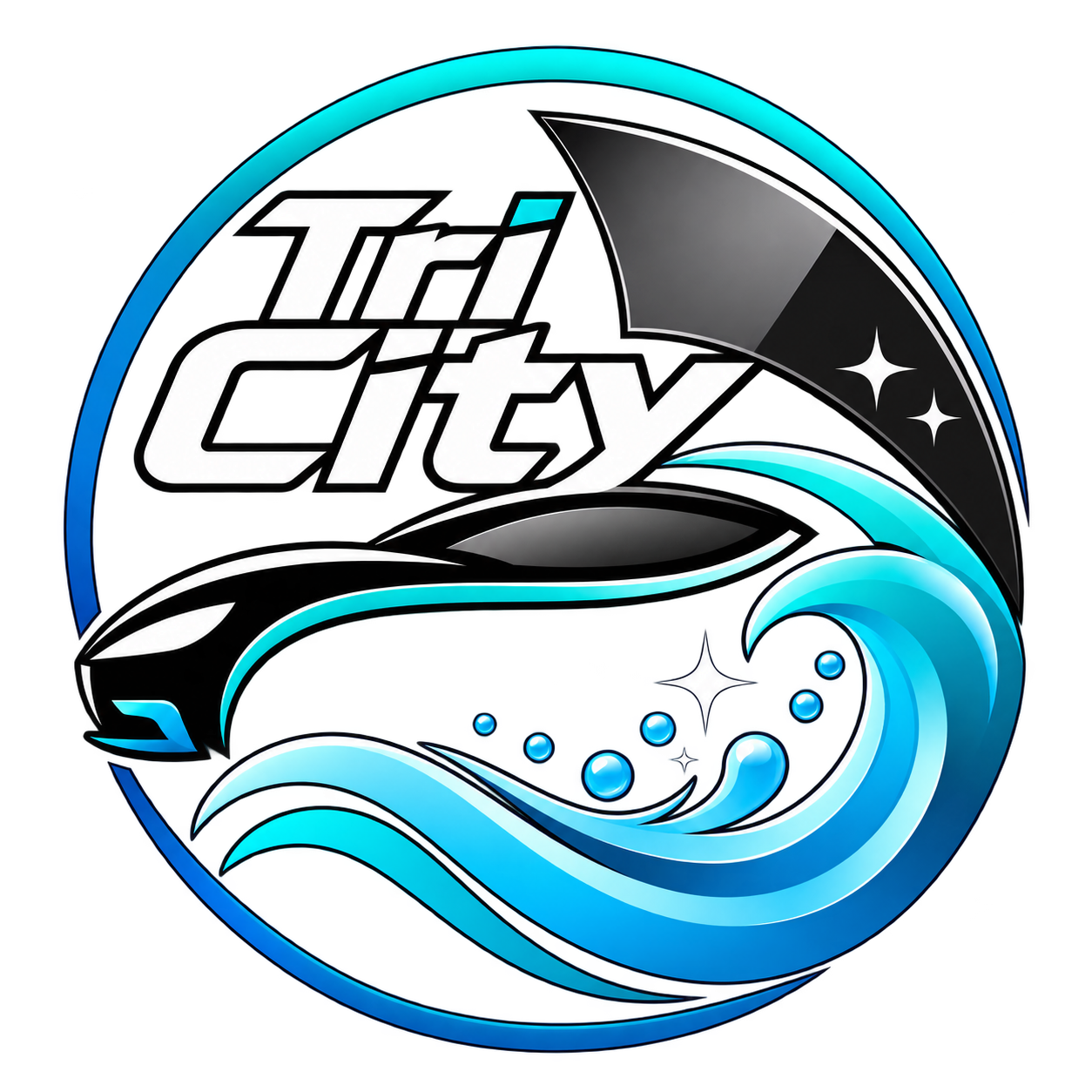 Tri City logo in white and aqua on a black circle with wave graphics and star accents