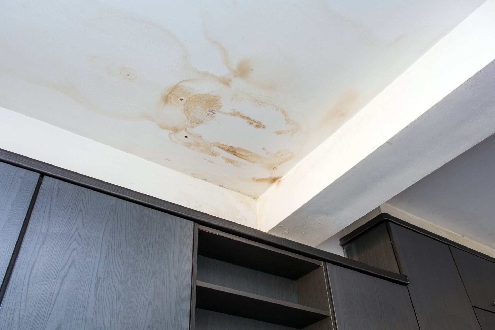 Water-stained white ceiling above dark cabinets in a kitchen corner