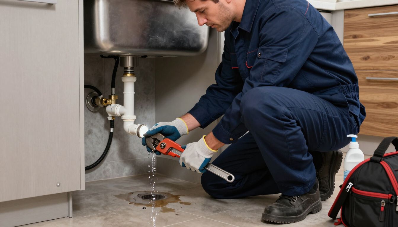 Urgencia de plomería: profesional revisando una pérdida de agua
