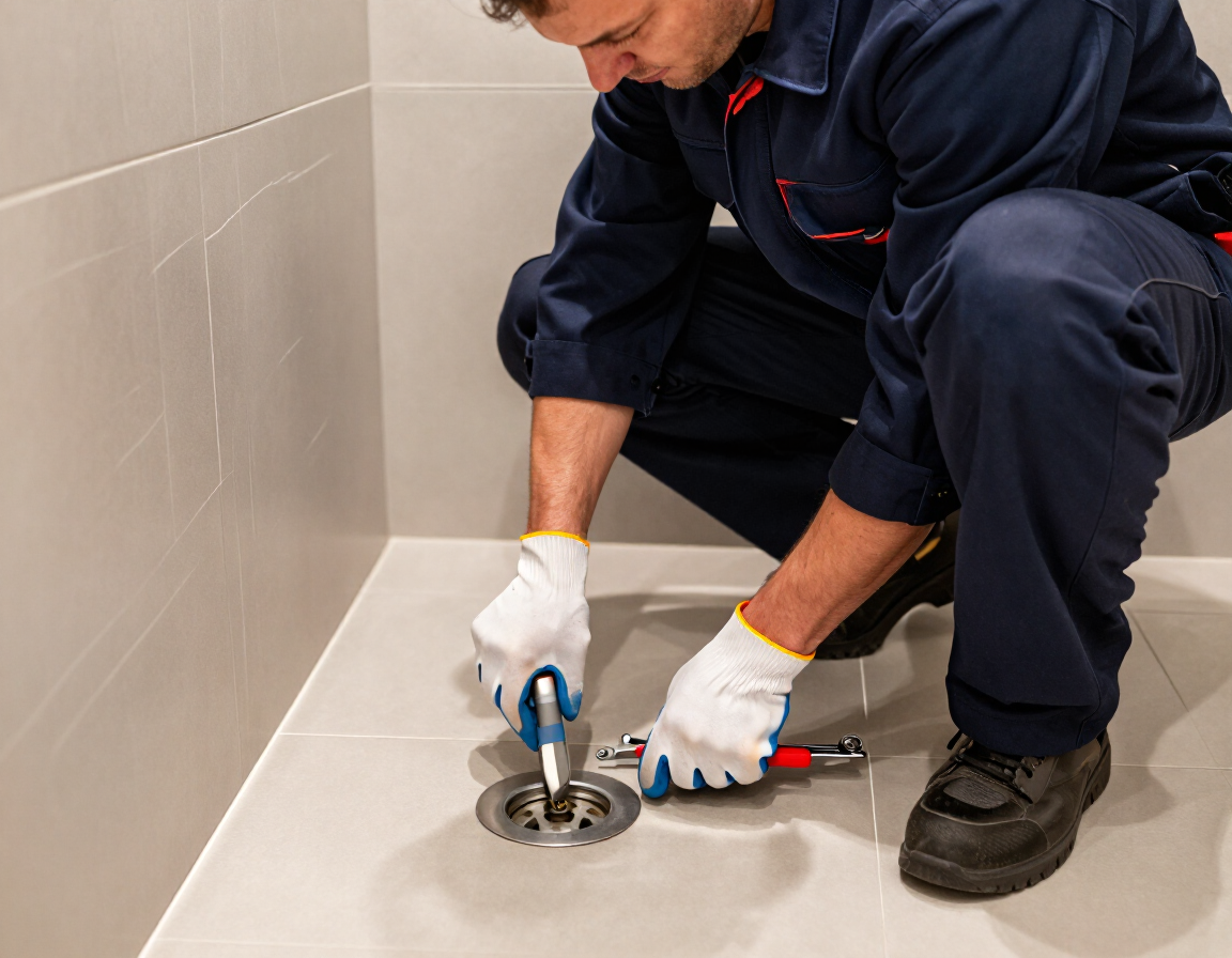 Plomero revisando un desagüe de baño con herramientas profesionales