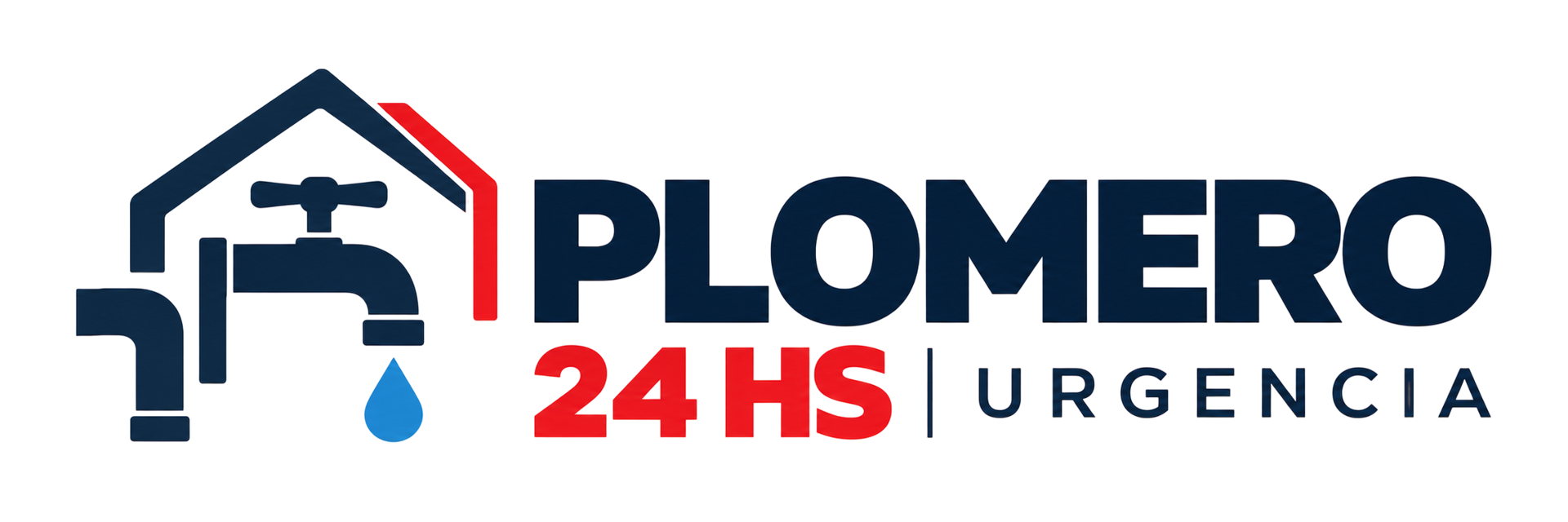 Logotipo de Plomero con un icono de tubería azul y roja; texto «PLOMERO 24 H | URGENCIA».