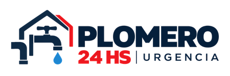 Logotipo de Plomero con un icono de tubería azul y roja; texto «PLOMERO 24 H | URGENCIA».