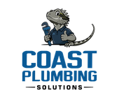 Logo for Coast Plumbing Solutions: Blue wave over bold black text.