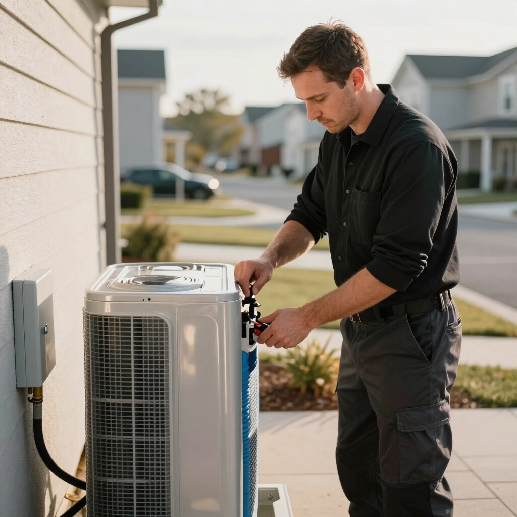 Technician servicing an outdoor HVAC unit beside a house.
