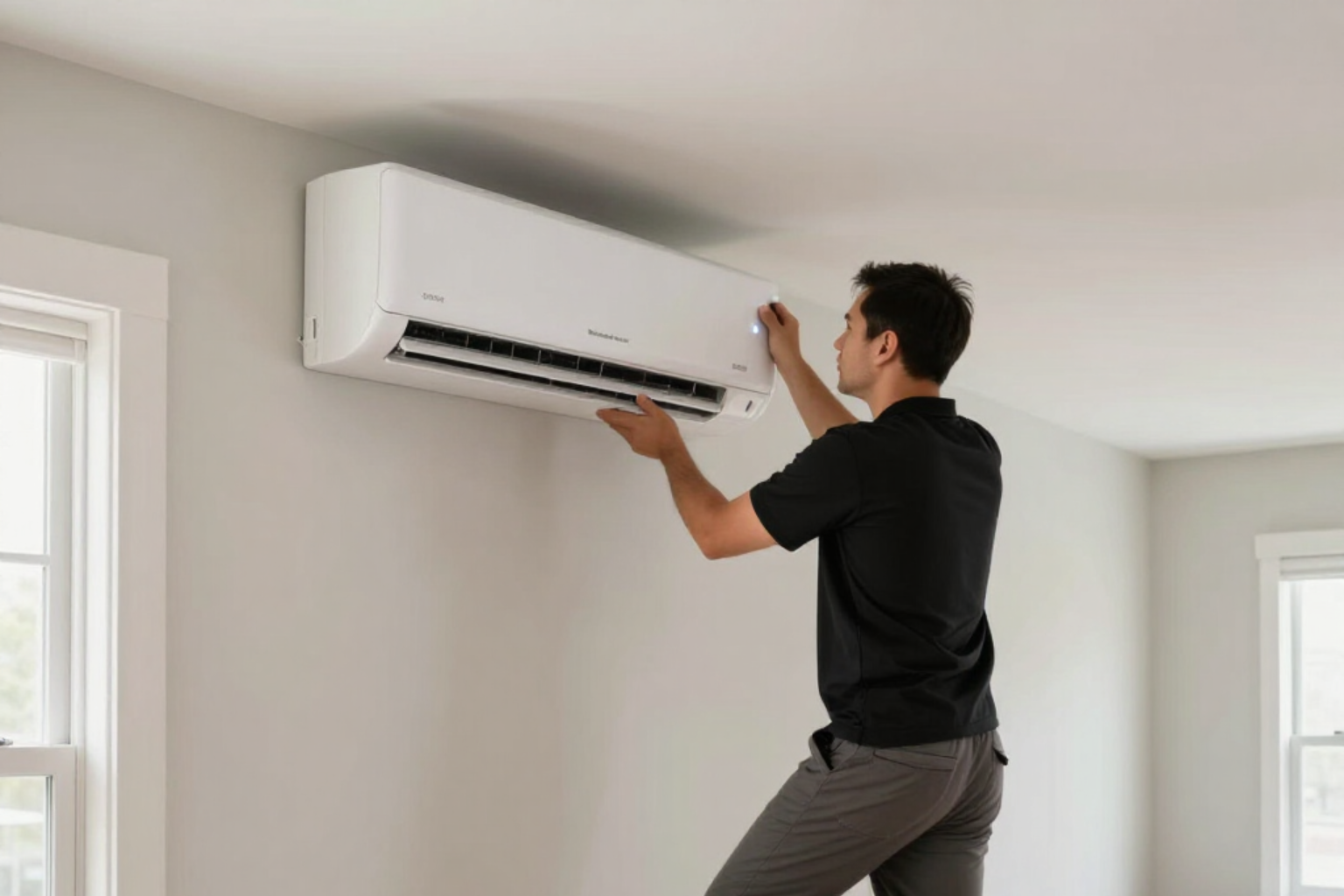 Person installing a white wall-mounted air conditioner in a bright room
