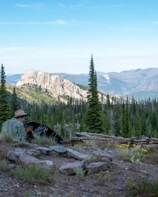 A man and a dog are sitting around a campfire in the mountains.