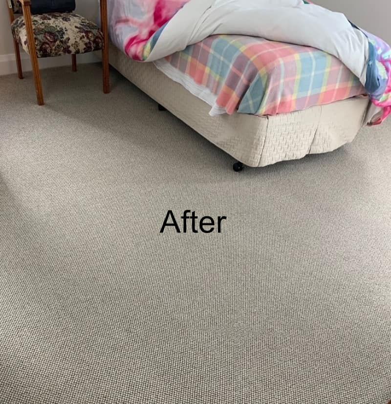 A bedroom with a bed and chairs and the word after on the floor  — Dryology Carpet Cleaning in Salamander Bay, NSW