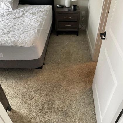 Bedroom with unmade bed, carpet, nightstand, and a partially open white door.