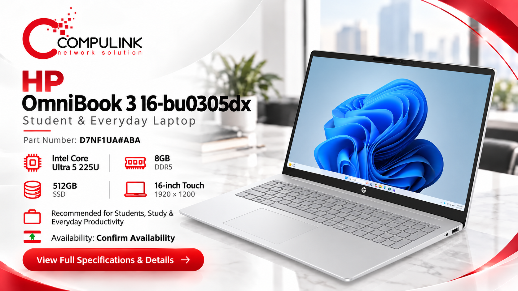 HP OmniBook 3 16-bu0305dx, exact part number D7NF1UA#ABA, student and everyday laptop in Lebanon from CompuLink, with Intel Core Ultra 5 225U, 8GB DDR5, 512GB SSD and 16-inch touchscreen.