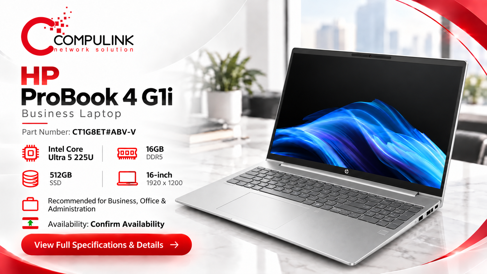 HP ProBook 4 G1i, exact part number CT1G8ET#ABV-V, business laptop in Lebanon from CompuLink.