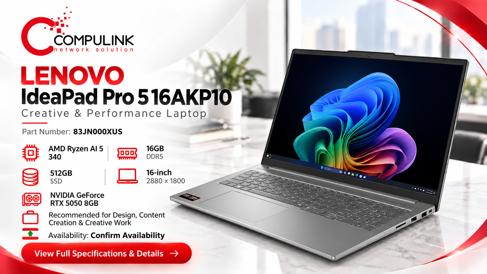 Lenovo IdeaPad Pro 5 16AKP10, exact part number 83JN000XUS, creative and performance laptop in Lebanon from CompuLink.