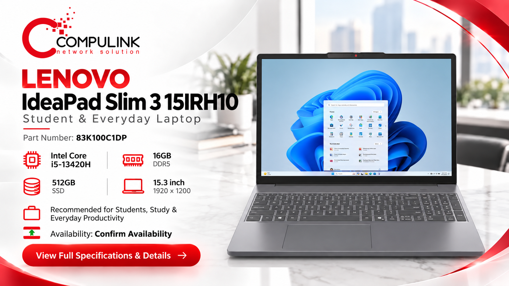 Lenovo IdeaPad Slim 3 15IRH10, exact part number 83K100C1DP, student and everyday laptop in Lebanon from CompuLink.
