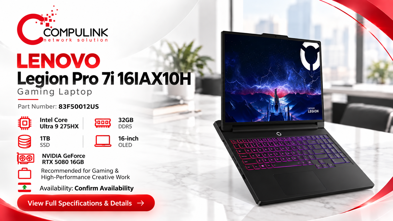 Lenovo Legion Pro 7i 16IAX10H, exact part number 83F50012US, gaming laptop in Lebanon from CompuLink.