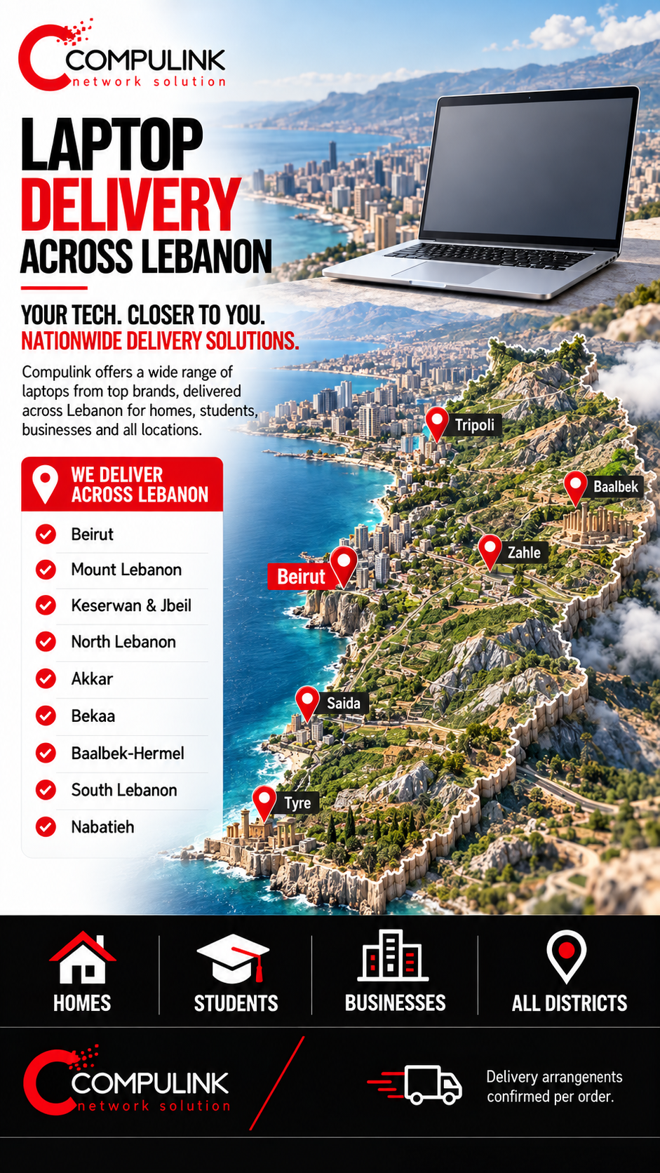 CompuLink laptop delivery targeting Lebanon, with a laptop and an illustrative Lebanon map covering Beirut, Mount Lebanon, northern, eastern and southern regions.