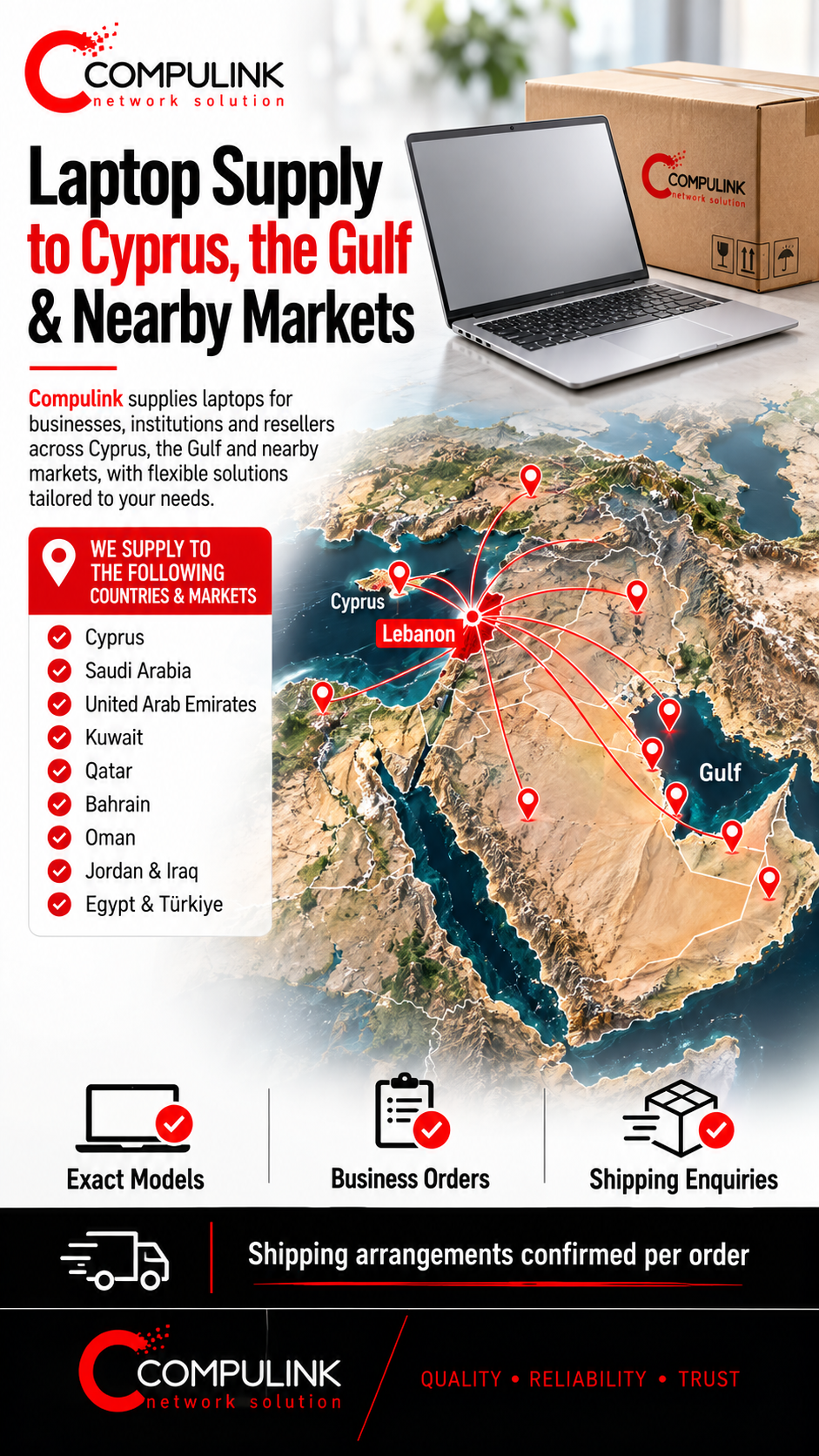 CompuLink regional laptop supply enquiries from Lebanon to Cyprus, Saudi Arabia, the United Arab Emirates, Kuwait, Qatar, Bahrain, Oman and nearby markets.