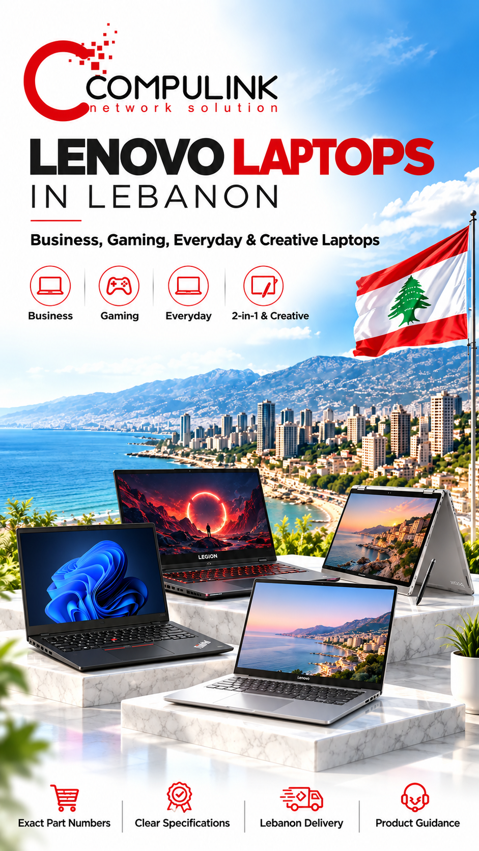 Lenovo laptops in Lebanon from CompuLink, featuring ThinkPad, Legion, IdeaPad and Yoga families for business, gaming, everyday and creative use.