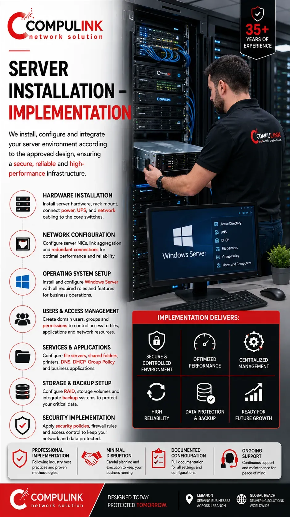 Compulink server installation and configuration in Lebanon with Windows Server, Active Directory, network configuration, storage, backup, security and access management.