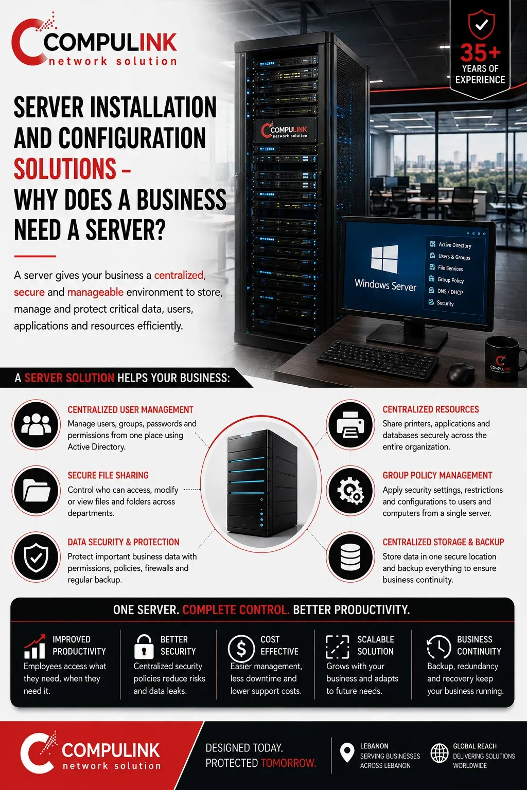 Compulink server installation and configuration solutions in Lebanon with Windows Server, Active Directory, secure file sharing, centralized storage, backup and user management.