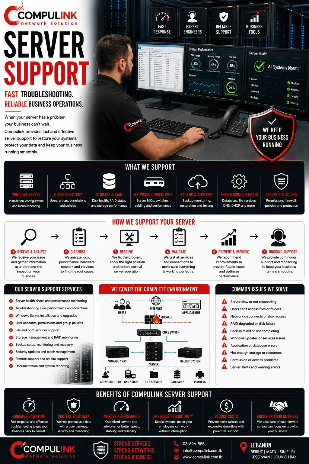 Compulink server support in Lebanon for Windows Server troubleshooting, Active Directory, RAID storage, backup, network connectivity, security and performance monitoring.