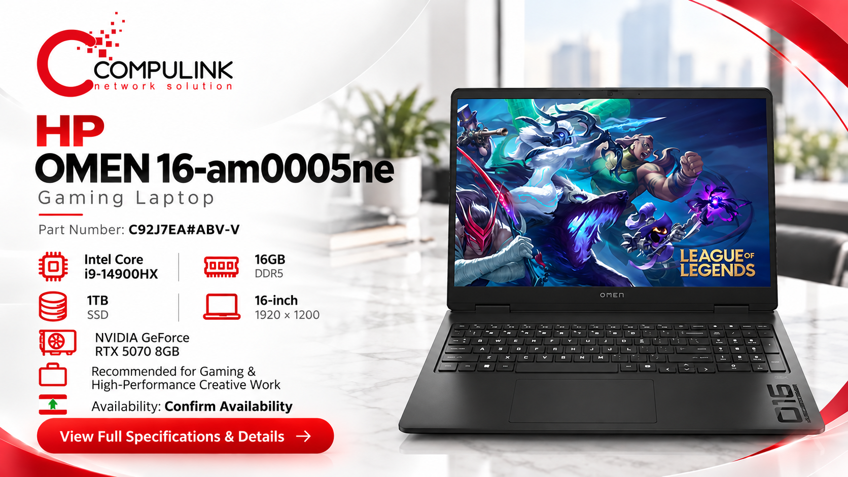 HP OMEN 16-am0005ne, exact part number C92J7EA#ABV-V, gaming laptop from CompuLink with Intel Core i9-14900HX, 16GB DDR5 and 1TB SSD.