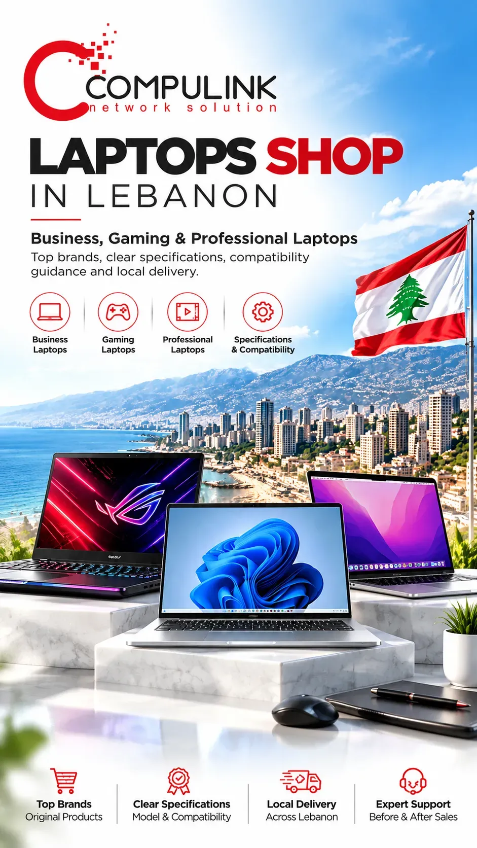 CompuLink laptops shop in Lebanon featuring business, gaming and professional laptops with specifications guidance and local delivery.